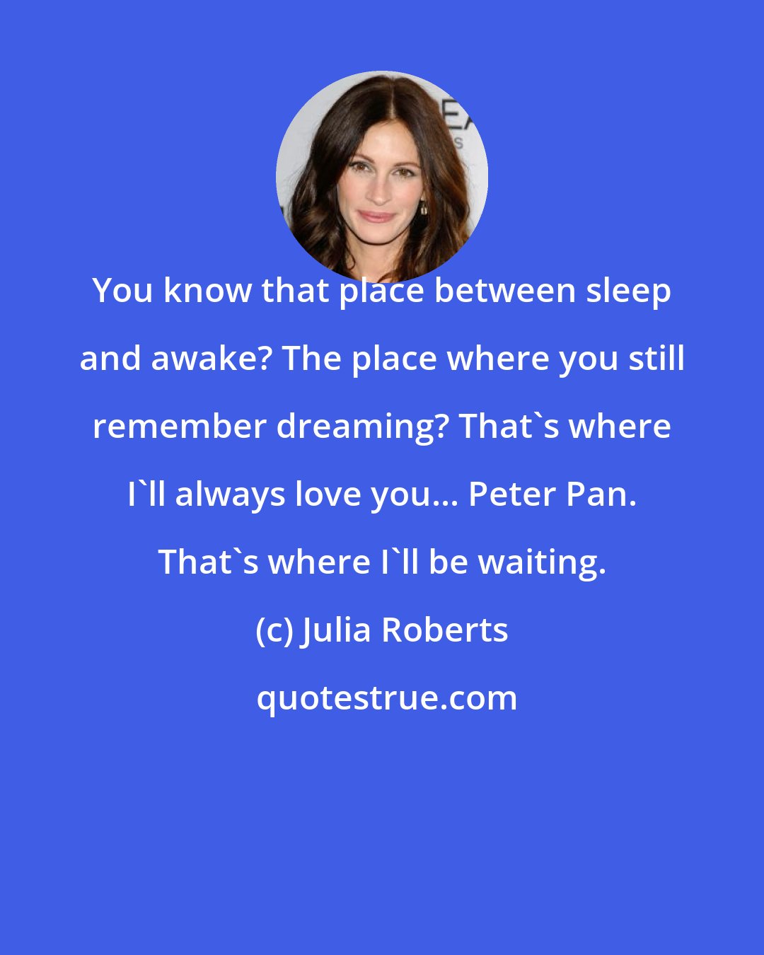 Julia Roberts: You know that place between sleep and awake? The place where you still remember dreaming? That's where I'll always love you... Peter Pan. That's where I'll be waiting.