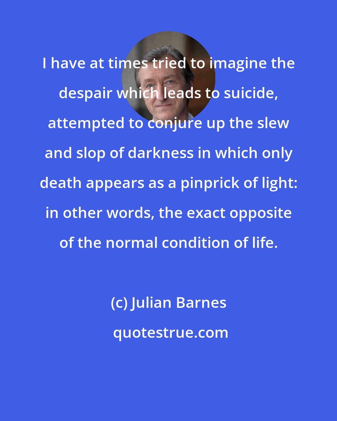 Julian Barnes: I have at times tried to imagine the despair which leads to suicide, attempted to conjure up the slew and slop of darkness in which only death appears as a pinprick of light: in other words, the exact opposite of the normal condition of life.