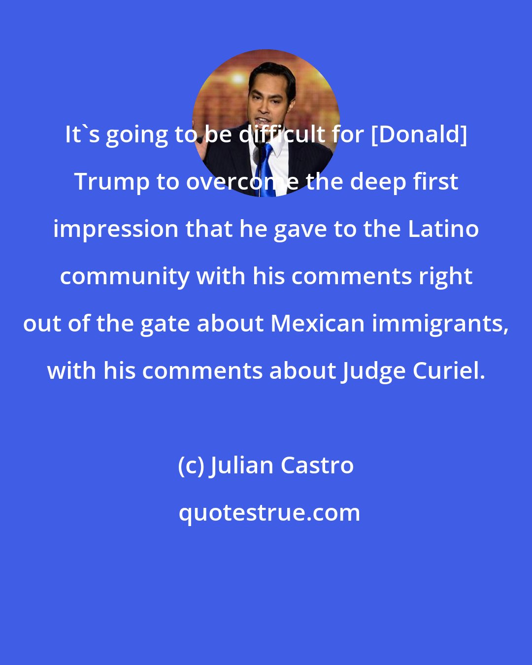 Julian Castro: It's going to be difficult for [Donald] Trump to overcome the deep first impression that he gave to the Latino community with his comments right out of the gate about Mexican immigrants, with his comments about Judge Curiel.