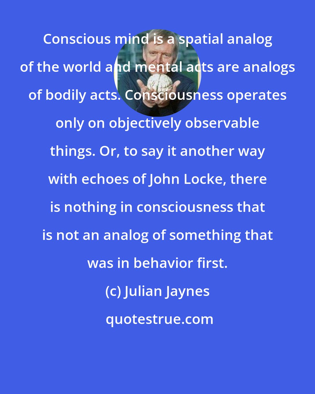 Julian Jaynes: Conscious mind is a spatial analog of the world and mental acts are analogs of bodily acts. Consciousness operates only on objectively observable things. Or, to say it another way with echoes of John Locke, there is nothing in consciousness that is not an analog of something that was in behavior first.