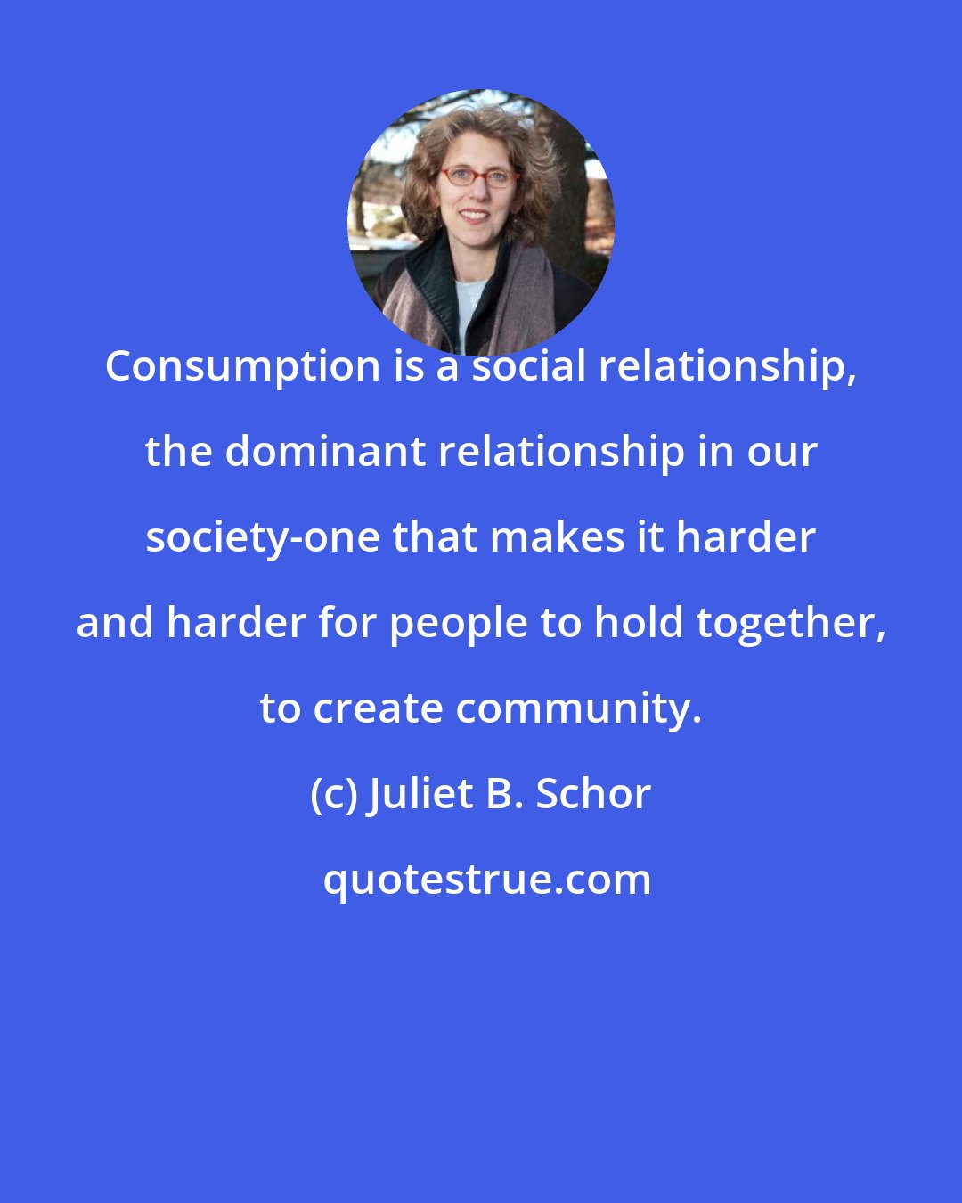 Juliet B. Schor: Consumption is a social relationship, the dominant relationship in our society-one that makes it harder and harder for people to hold together, to create community.