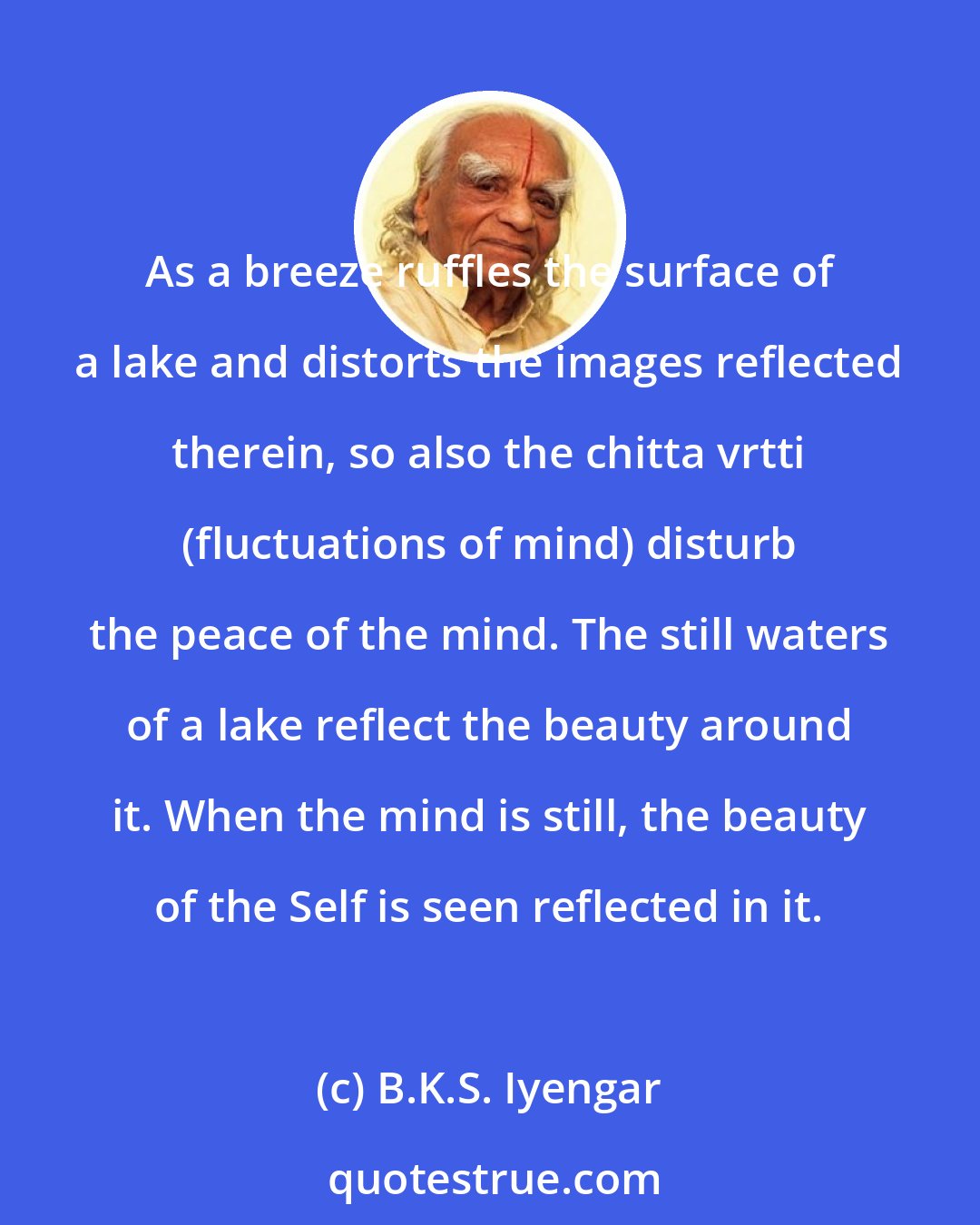 B.K.S. Iyengar: As a breeze ruffles the surface of a lake and distorts the images reflected therein, so also the chitta vrtti (fluctuations of mind) disturb the peace of the mind. The still waters of a lake reflect the beauty around it. When the mind is still, the beauty of the Self is seen reflected in it.