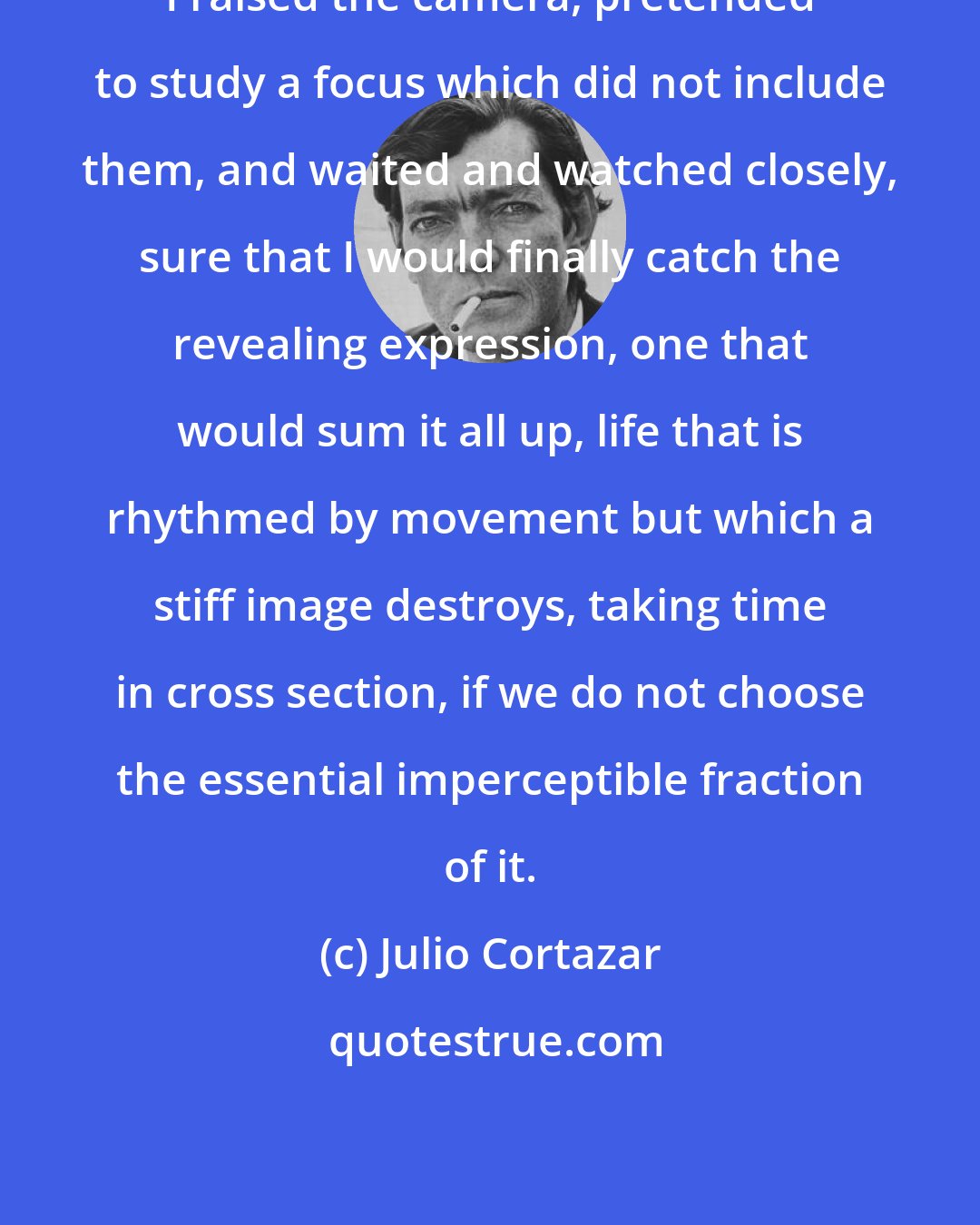 Julio Cortazar: I raised the camera, pretended to study a focus which did not include them, and waited and watched closely, sure that I would finally catch the revealing expression, one that would sum it all up, life that is rhythmed by movement but which a stiff image destroys, taking time in cross section, if we do not choose the essential imperceptible fraction of it.