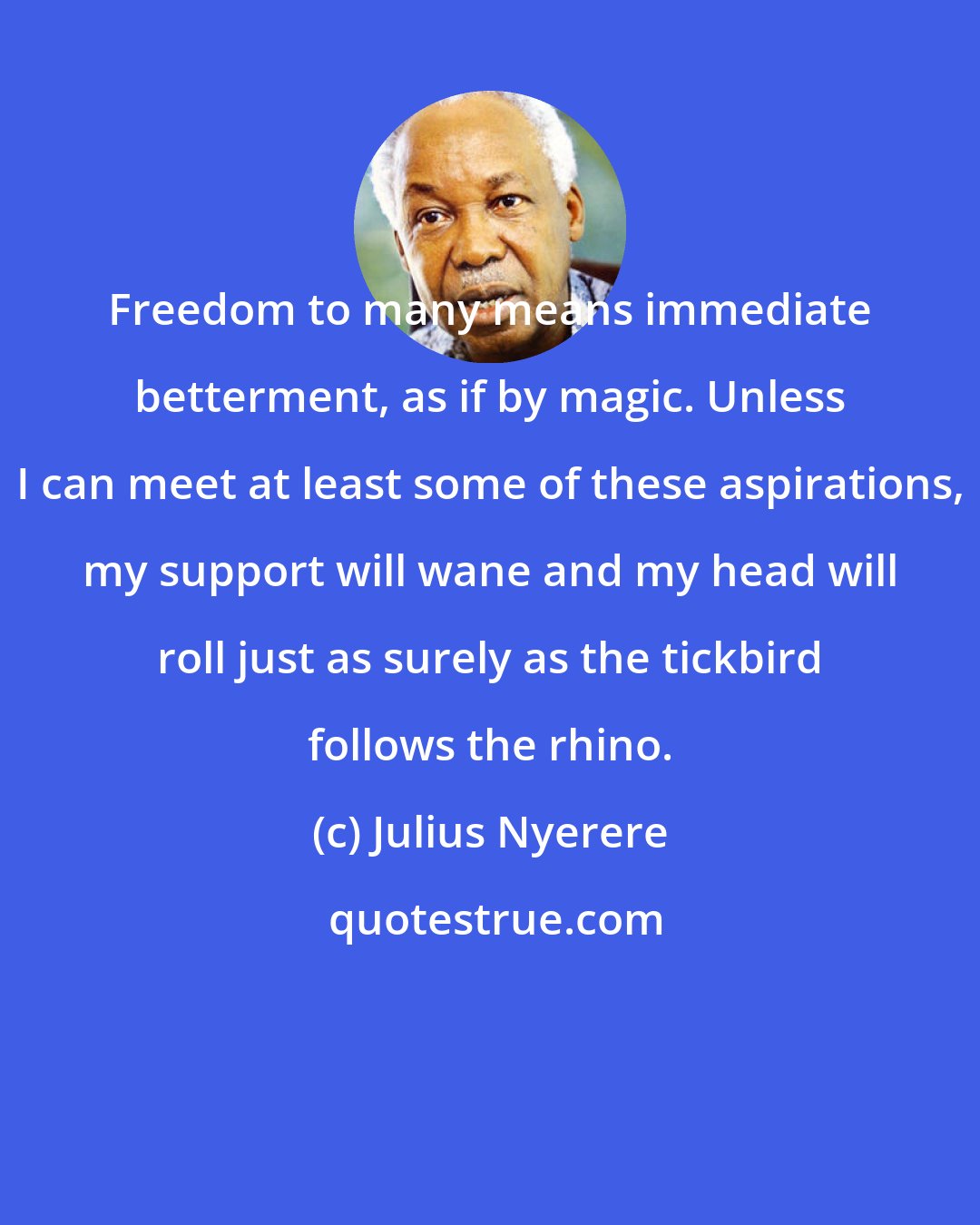 Julius Nyerere: Freedom to many means immediate betterment, as if by magic. Unless I can meet at least some of these aspirations, my support will wane and my head will roll just as surely as the tickbird follows the rhino.