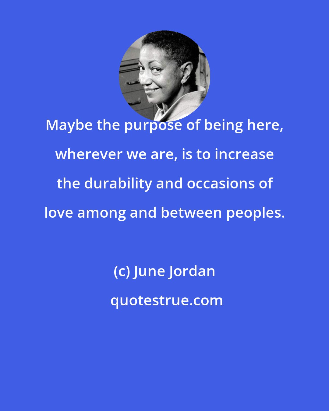 June Jordan: Maybe the purpose of being here, wherever we are, is to increase the durability and occasions of love among and between peoples.