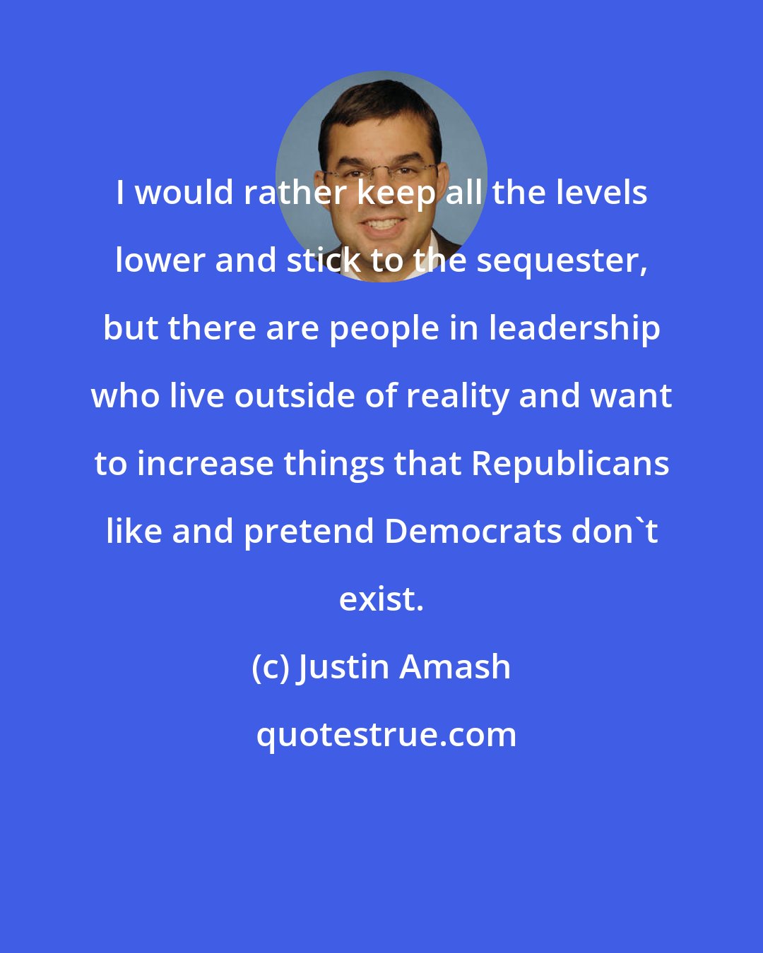 Justin Amash: I would rather keep all the levels lower and stick to the sequester, but there are people in leadership who live outside of reality and want to increase things that Republicans like and pretend Democrats don't exist.