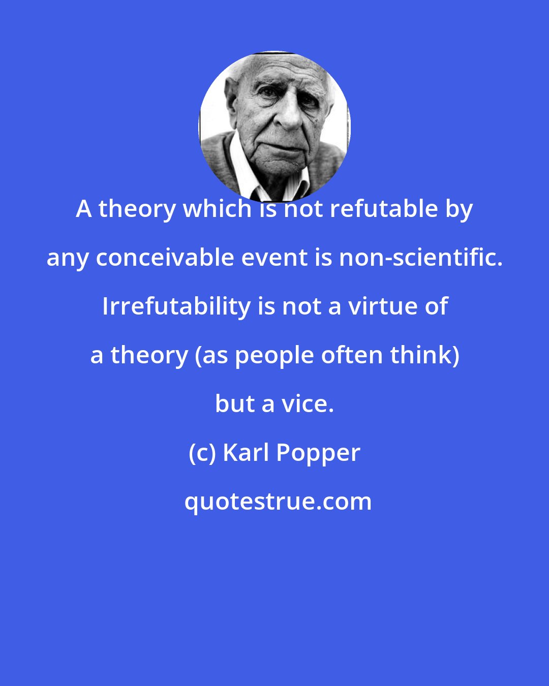 Karl Popper: A theory which is not refutable by any conceivable event is non-scientific. Irrefutability is not a virtue of a theory (as people often think) but a vice.