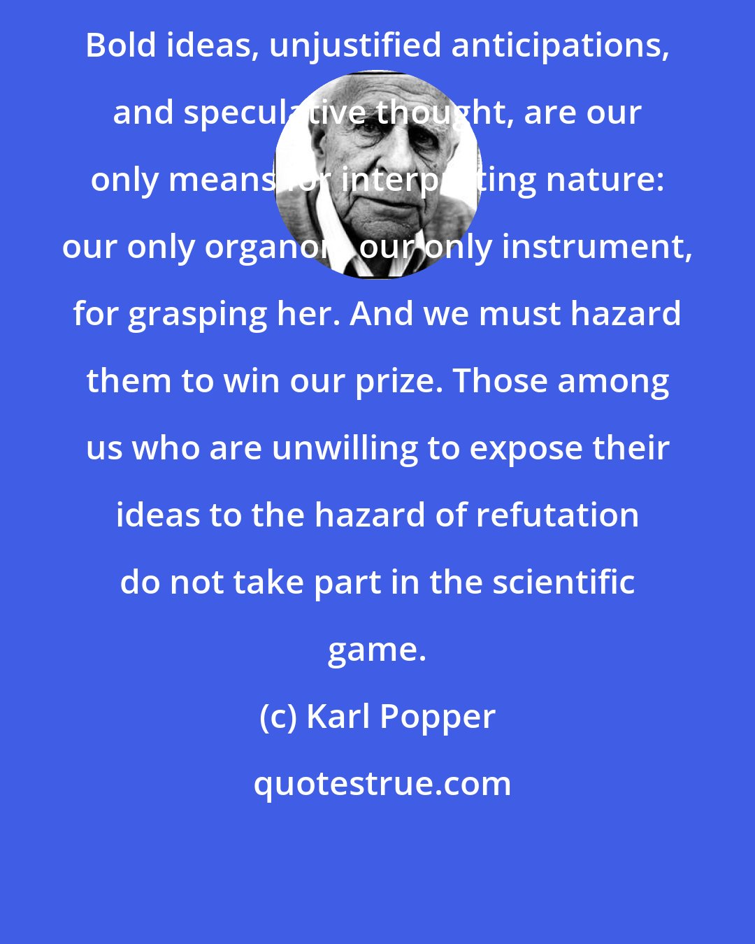 Karl Popper: Bold ideas, unjustified anticipations, and speculative thought, are our only means for interpreting nature: our only organon, our only instrument, for grasping her. And we must hazard them to win our prize. Those among us who are unwilling to expose their ideas to the hazard of refutation do not take part in the scientific game.