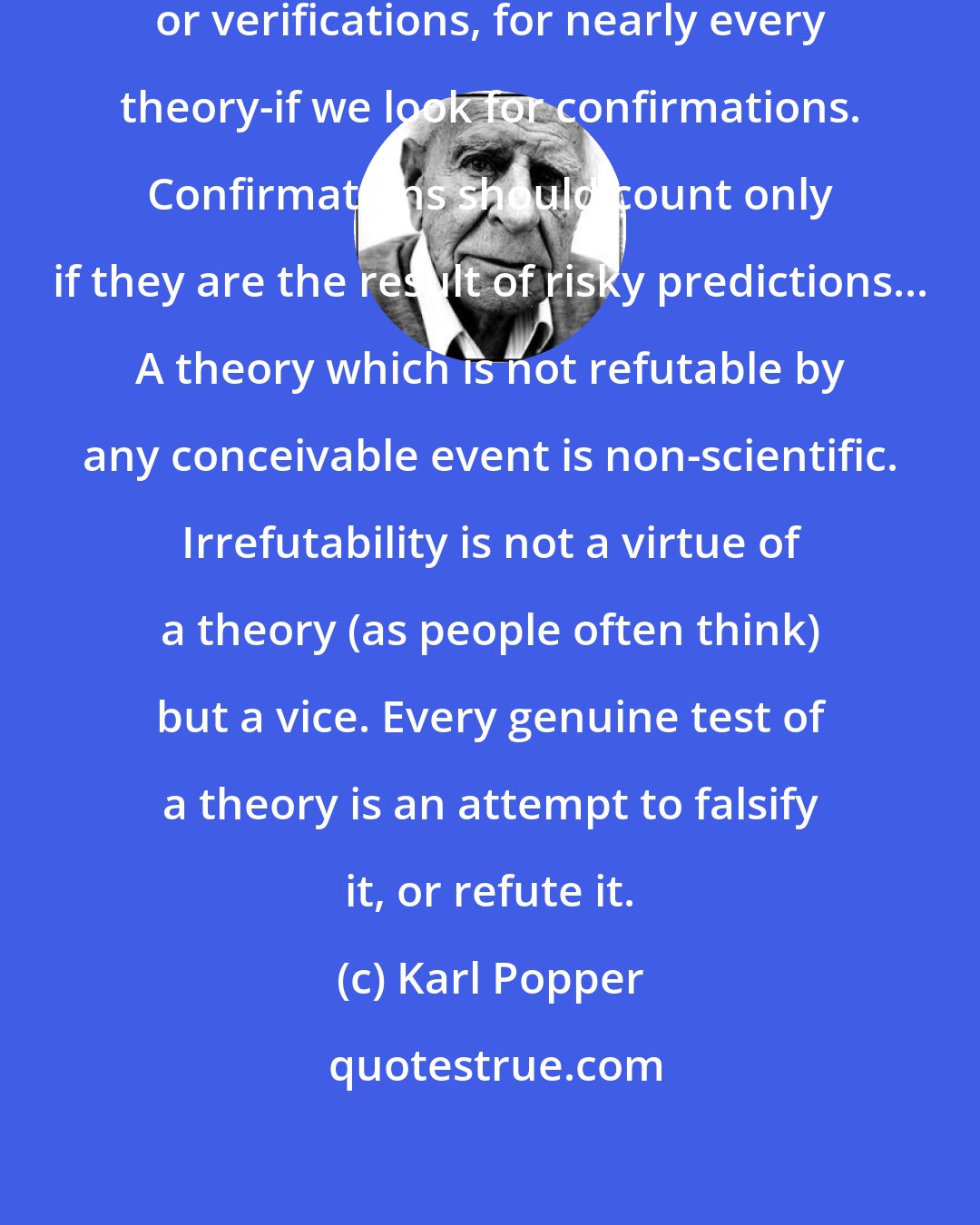 Karl Popper: It is easy to obtain confirmations, or verifications, for nearly every theory-if we look for confirmations. Confirmations should count only if they are the result of risky predictions... A theory which is not refutable by any conceivable event is non-scientific. Irrefutability is not a virtue of a theory (as people often think) but a vice. Every genuine test of a theory is an attempt to falsify it, or refute it.