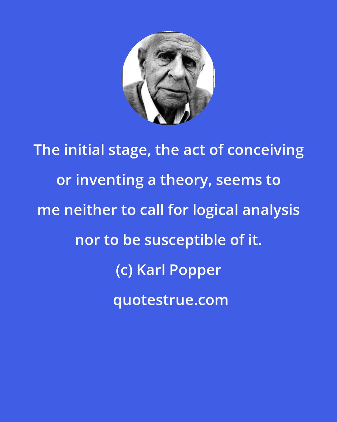 Karl Popper: The initial stage, the act of conceiving or inventing a theory, seems to me neither to call for logical analysis nor to be susceptible of it.