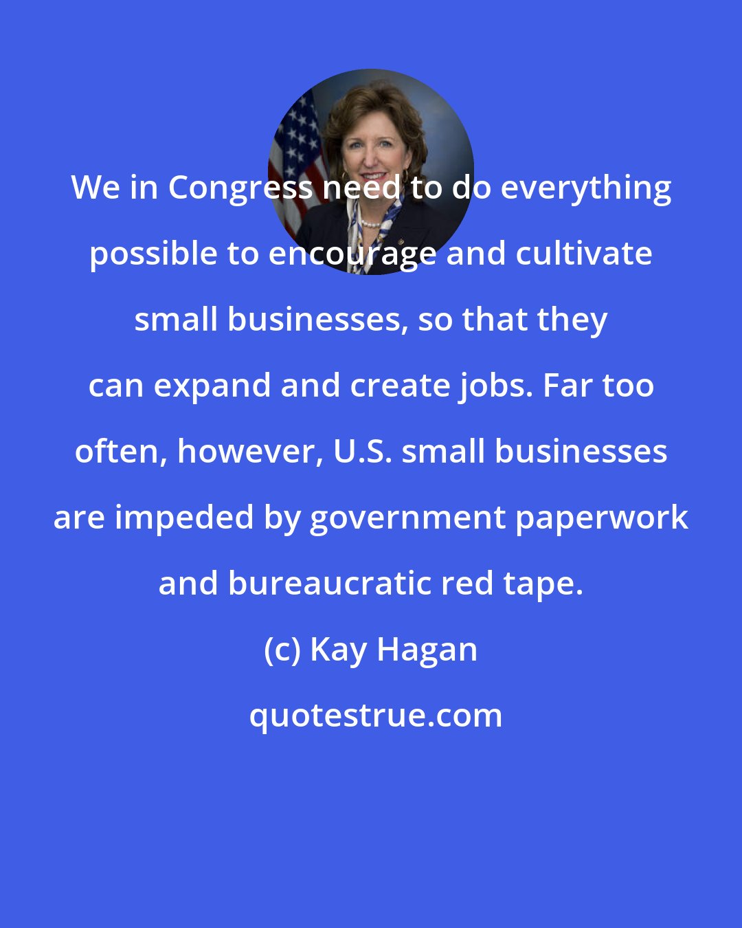 Kay Hagan: We in Congress need to do everything possible to encourage and cultivate small businesses, so that they can expand and create jobs. Far too often, however, U.S. small businesses are impeded by government paperwork and bureaucratic red tape.