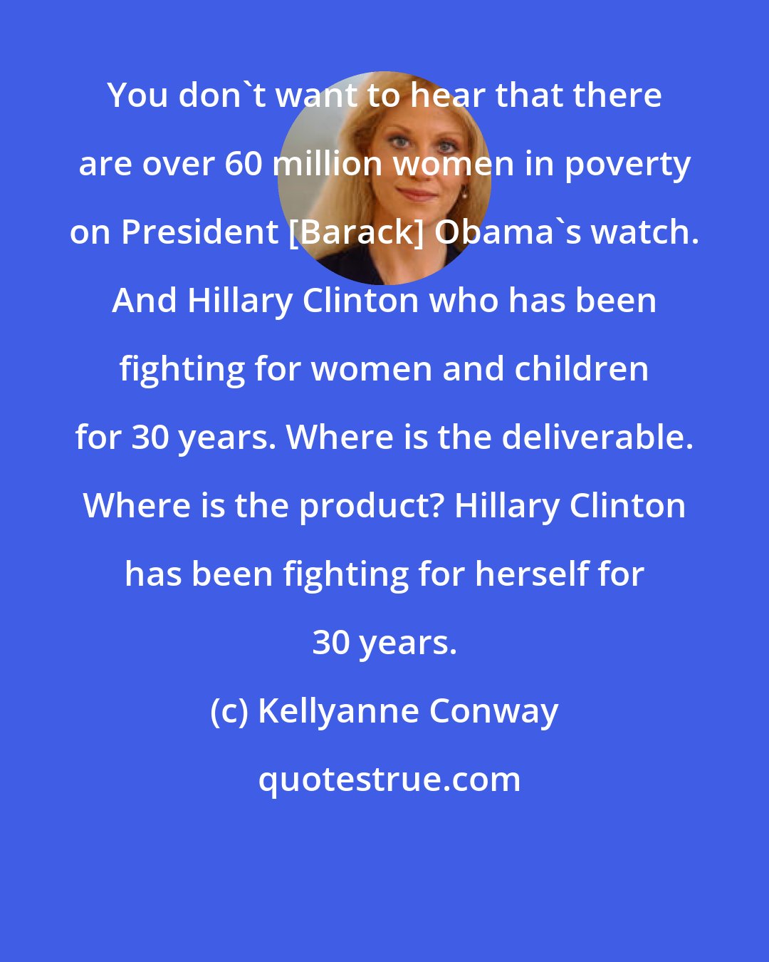 Kellyanne Conway: You don't want to hear that there are over 60 million women in poverty on President [Barack] Obama's watch. And Hillary Clinton who has been fighting for women and children for 30 years. Where is the deliverable. Where is the product? Hillary Clinton has been fighting for herself for 30 years.