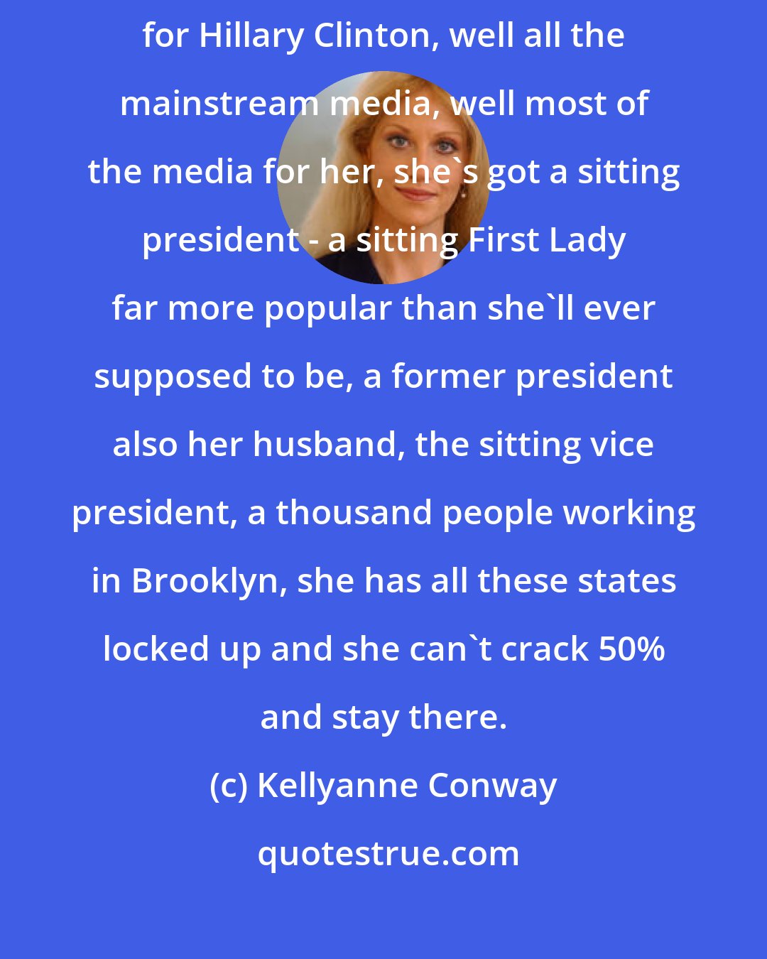 Kellyanne Conway: I'm completely perplexed how someone who has most of the mainstream media for Hillary Clinton, well all the mainstream media, well most of the media for her, she's got a sitting president - a sitting First Lady far more popular than she'll ever supposed to be, a former president also her husband, the sitting vice president, a thousand people working in Brooklyn, she has all these states locked up and she can't crack 50% and stay there.