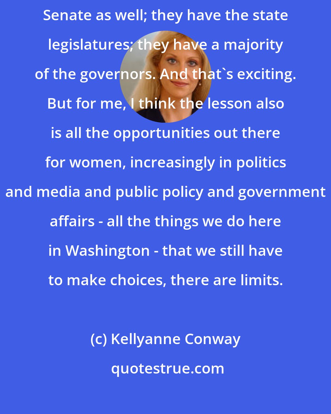 Kellyanne Conway: The excuse of divided government is over: they have the House and the Senate as well; they have the state legislatures; they have a majority of the governors. And that's exciting. But for me, I think the lesson also is all the opportunities out there for women, increasingly in politics and media and public policy and government affairs - all the things we do here in Washington - that we still have to make choices, there are limits.