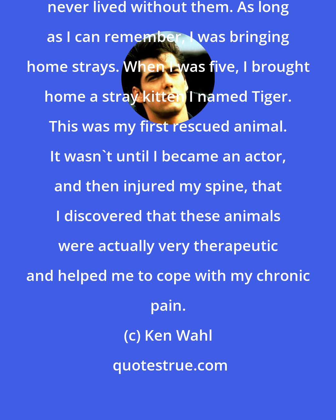 Ken Wahl: I've always loved animals. I've never lived without them. As long as I can remember, I was bringing home strays. When I was five, I brought home a stray kitten I named Tiger. This was my first rescued animal. It wasn't until I became an actor, and then injured my spine, that I discovered that these animals were actually very therapeutic and helped me to cope with my chronic pain.