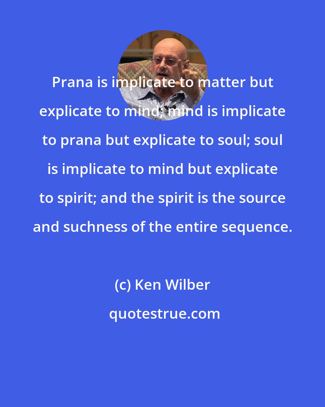 Ken Wilber: Prana is implicate to matter but explicate to mind; mind is implicate to prana but explicate to soul; soul is implicate to mind but explicate to spirit; and the spirit is the source and suchness of the entire sequence.