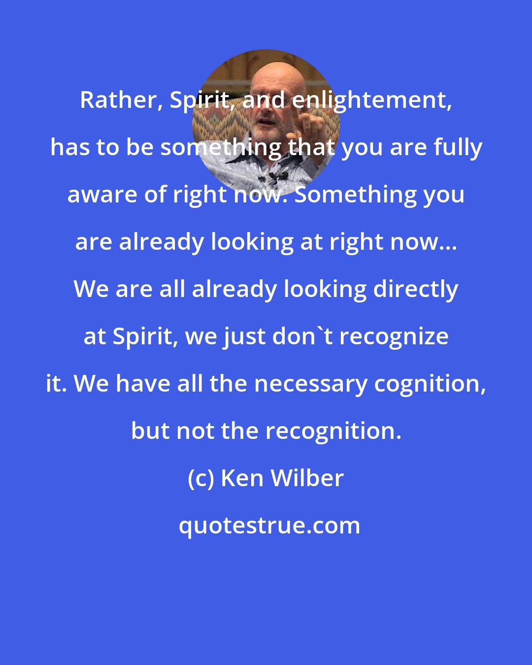 Ken Wilber: Rather, Spirit, and enlightement, has to be something that you are fully aware of right now. Something you are already looking at right now... We are all already looking directly at Spirit, we just don't recognize it. We have all the necessary cognition, but not the recognition.