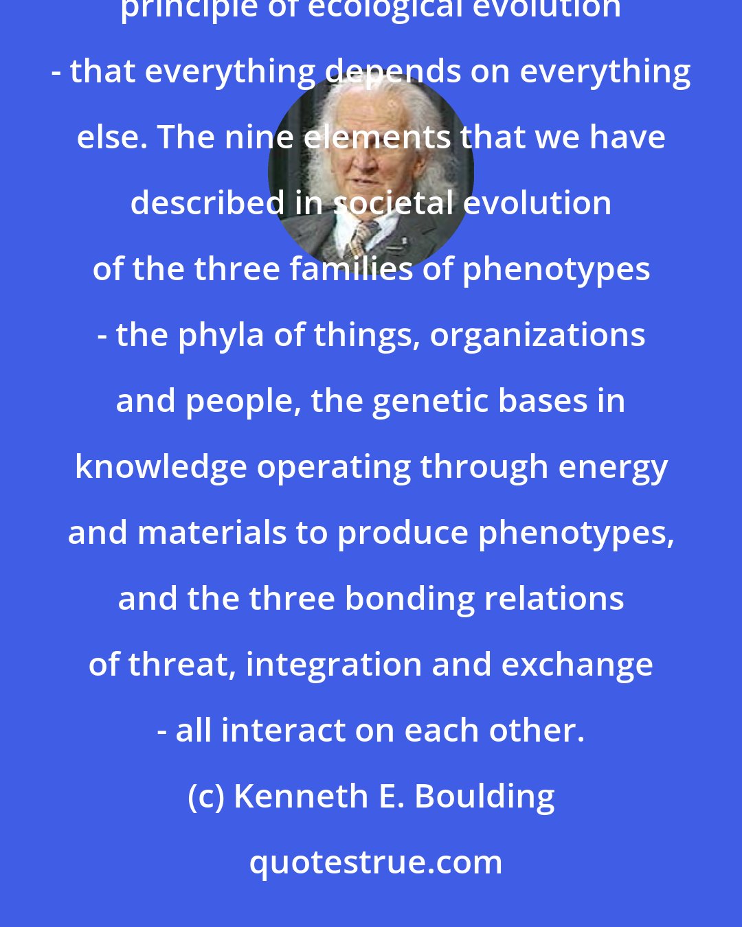 Kenneth E. Boulding: The social dynamics of human history, even more than that of biological evolution, illustrate the fundamental principle of ecological evolution - that everything depends on everything else. The nine elements that we have described in societal evolution of the three families of phenotypes - the phyla of things, organizations and people, the genetic bases in knowledge operating through energy and materials to produce phenotypes, and the three bonding relations of threat, integration and exchange - all interact on each other.