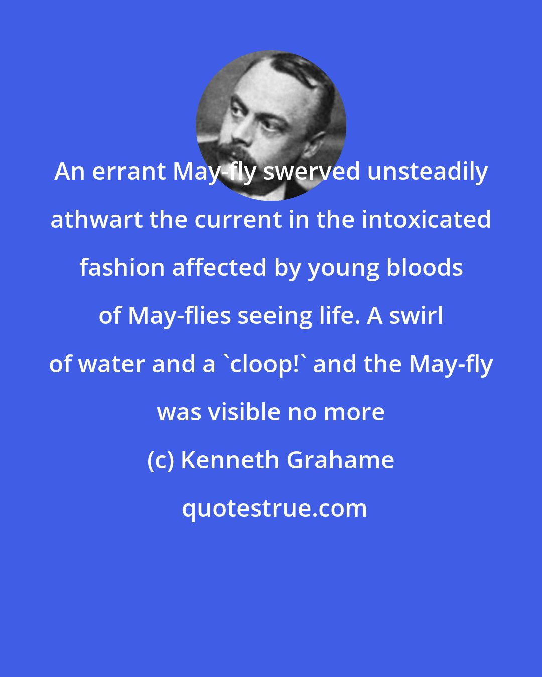 Kenneth Grahame: An errant May-fly swerved unsteadily athwart the current in the intoxicated fashion affected by young bloods of May-flies seeing life. A swirl of water and a 'cloop!' and the May-fly was visible no more