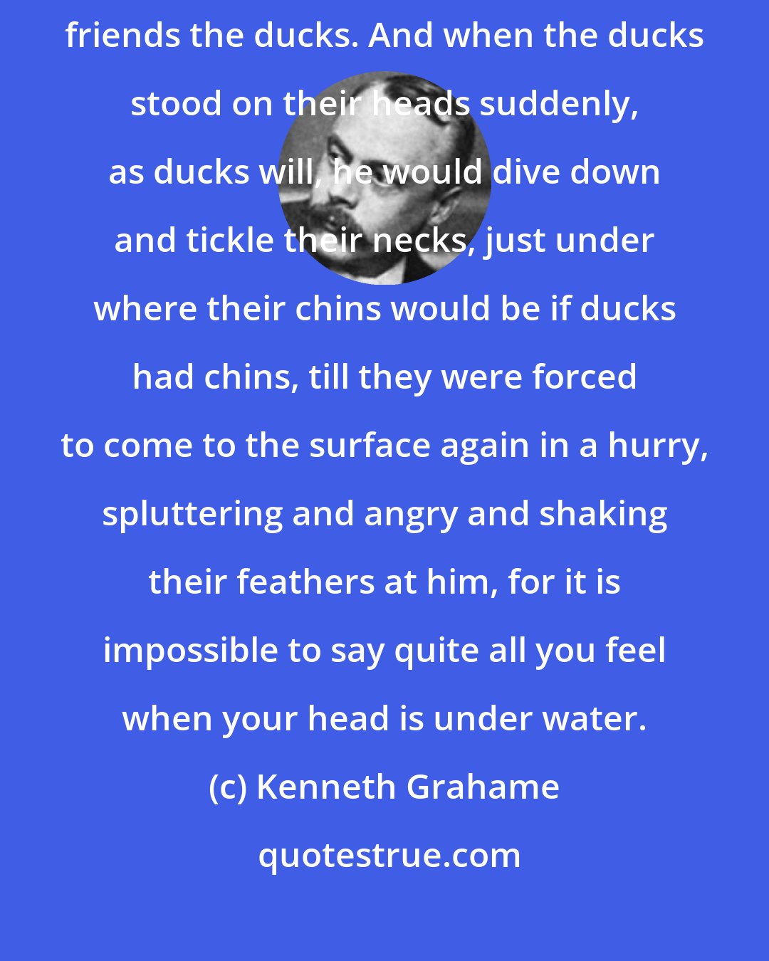 Kenneth Grahame: Since early morning he had been swimming in the river, in company with his friends the ducks. And when the ducks stood on their heads suddenly, as ducks will, he would dive down and tickle their necks, just under where their chins would be if ducks had chins, till they were forced to come to the surface again in a hurry, spluttering and angry and shaking their feathers at him, for it is impossible to say quite all you feel when your head is under water.