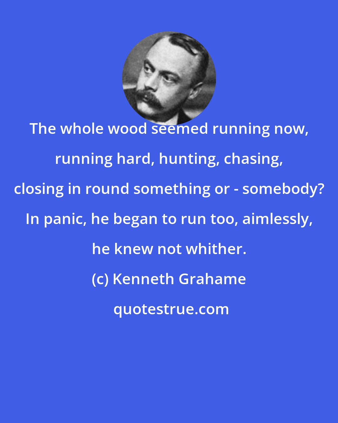 Kenneth Grahame: The whole wood seemed running now, running hard, hunting, chasing, closing in round something or - somebody? In panic, he began to run too, aimlessly, he knew not whither.