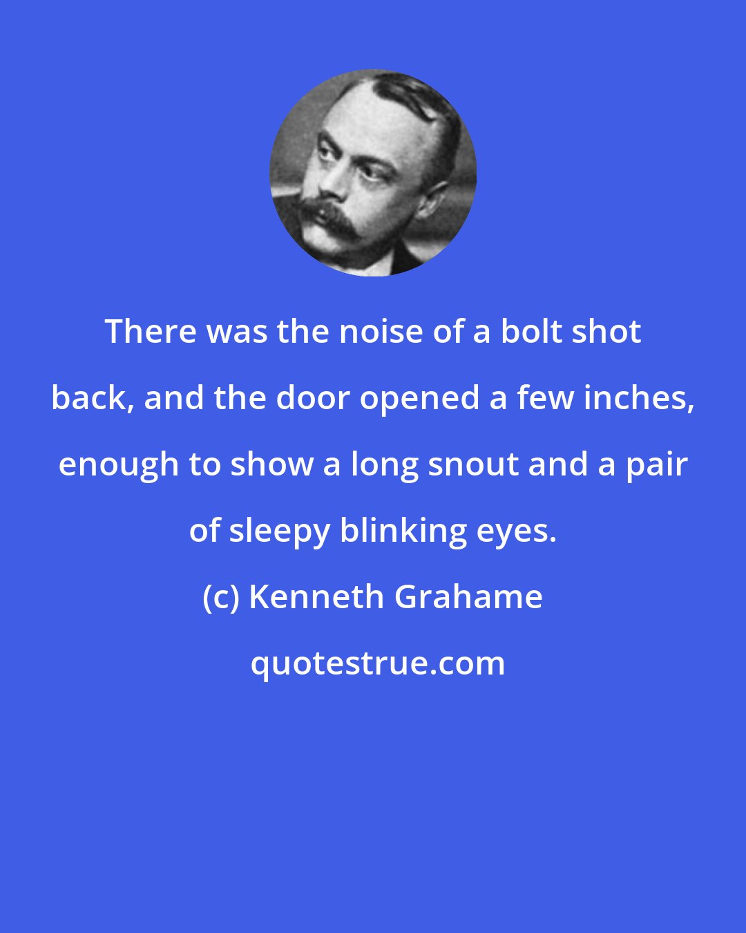 Kenneth Grahame: There was the noise of a bolt shot back, and the door opened a few inches, enough to show a long snout and a pair of sleepy blinking eyes.