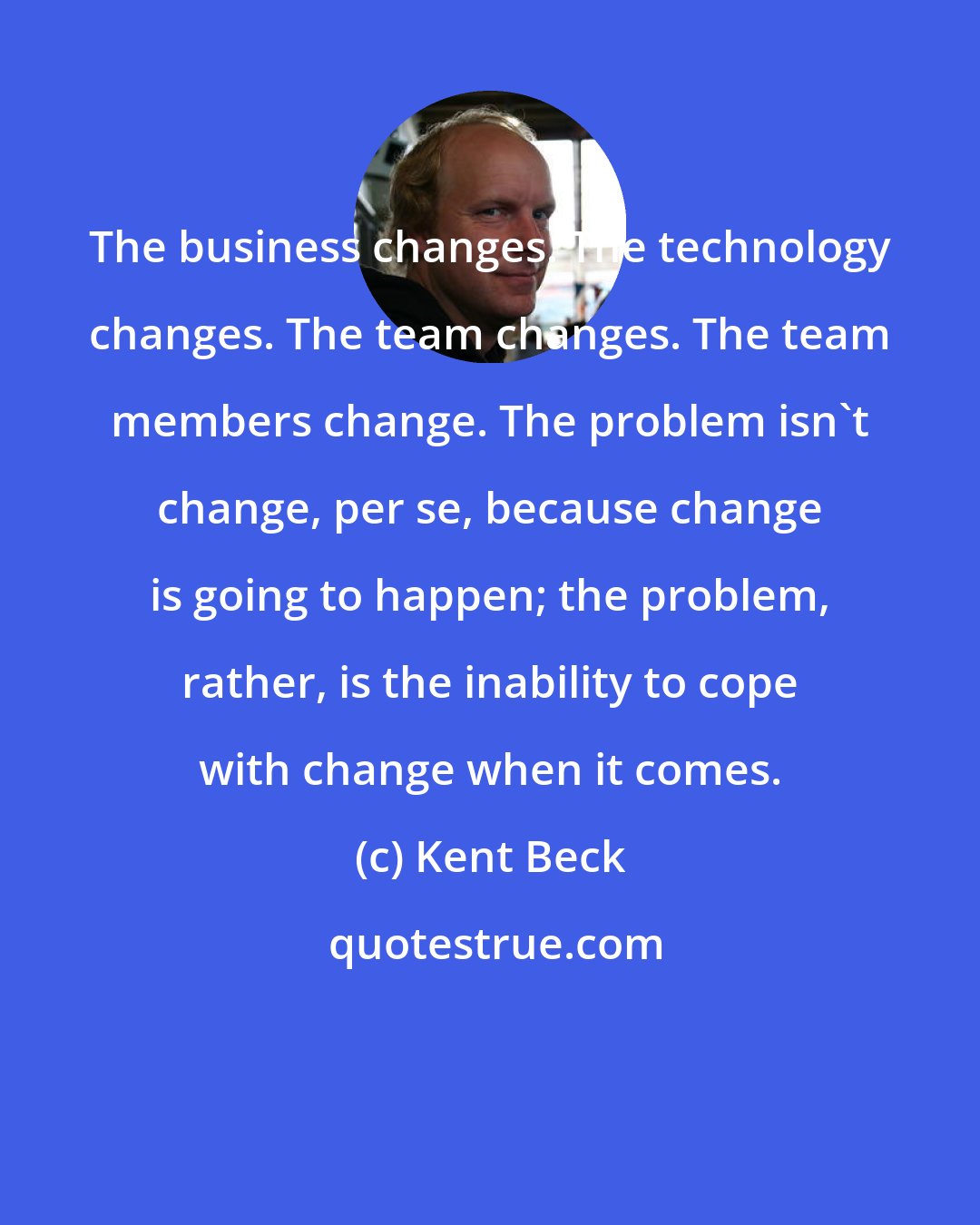 Kent Beck: The business changes. The technology changes. The team changes. The team members change. The problem isn't change, per se, because change is going to happen; the problem, rather, is the inability to cope with change when it comes.