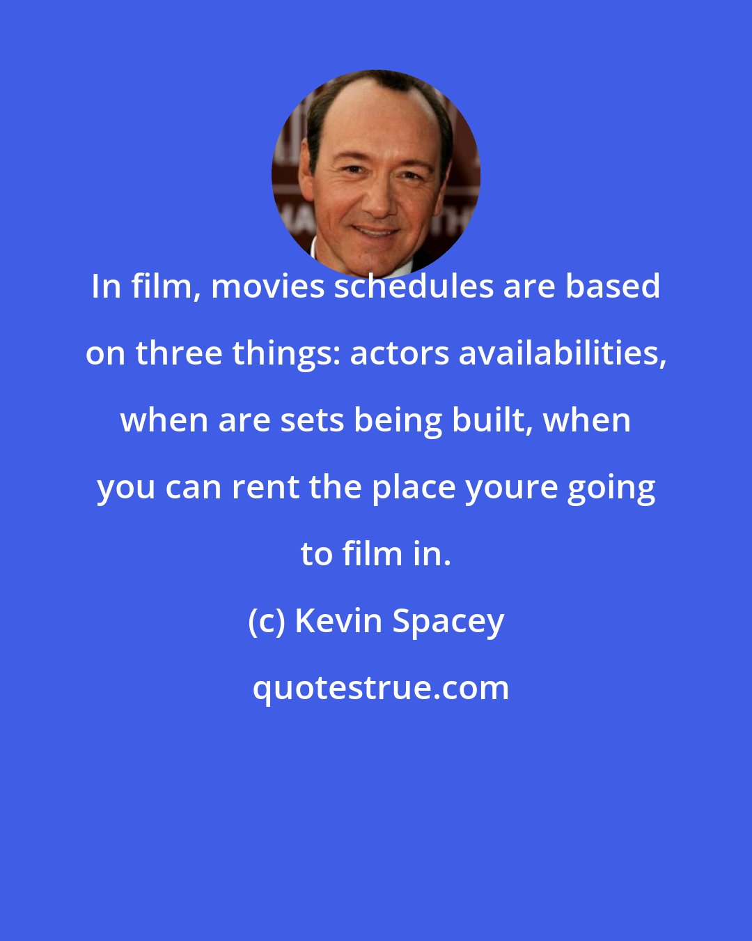 Kevin Spacey: In film, movies schedules are based on three things: actors availabilities, when are sets being built, when you can rent the place youre going to film in.