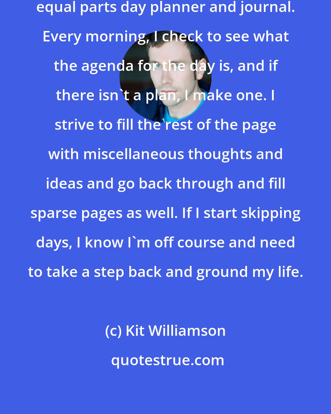 Kit Williamson: I carry around a notebook that is equal parts day planner and journal. Every morning, I check to see what the agenda for the day is, and if there isn't a plan, I make one. I strive to fill the rest of the page with miscellaneous thoughts and ideas and go back through and fill sparse pages as well. If I start skipping days, I know I'm off course and need to take a step back and ground my life.