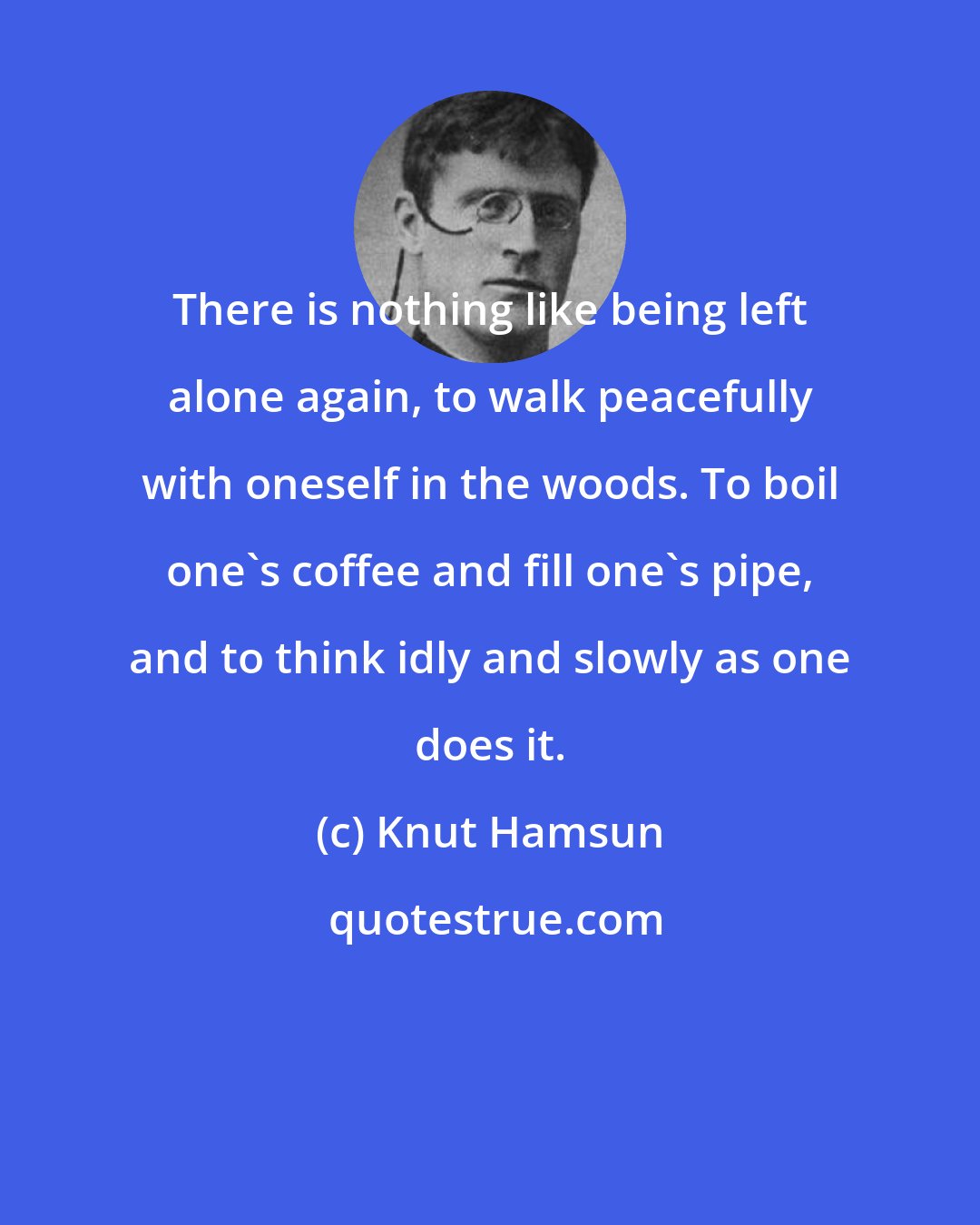 Knut Hamsun: There is nothing like being left alone again, to walk peacefully with oneself in the woods. To boil one's coffee and fill one's pipe, and to think idly and slowly as one does it.