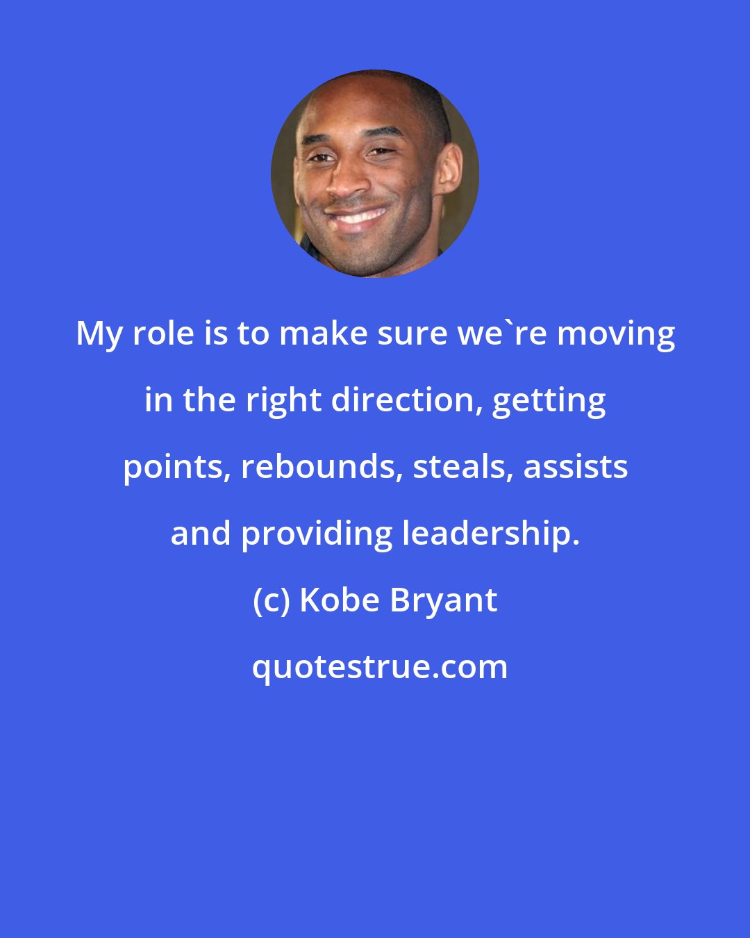 Kobe Bryant: My role is to make sure we're moving in the right direction, getting points, rebounds, steals, assists and providing leadership.