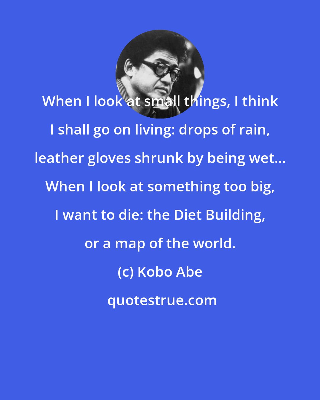 Kobo Abe: When I look at small things, I think I shall go on living: drops of rain, leather gloves shrunk by being wet... When I look at something too big, I want to die: the Diet Building, or a map of the world.