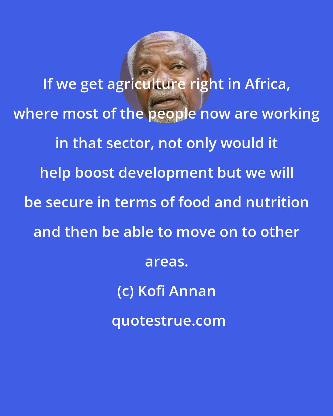 Kofi Annan: If we get agriculture right in Africa, where most of the people now are working in that sector, not only would it help boost development but we will be secure in terms of food and nutrition and then be able to move on to other areas.