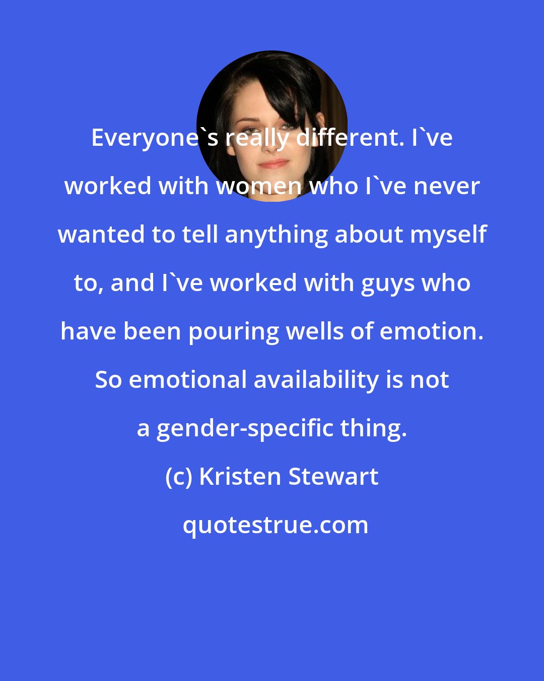 Kristen Stewart: Everyone's really different. I've worked with women who I've never wanted to tell anything about myself to, and I've worked with guys who have been pouring wells of emotion. So emotional availability is not a gender-specific thing.