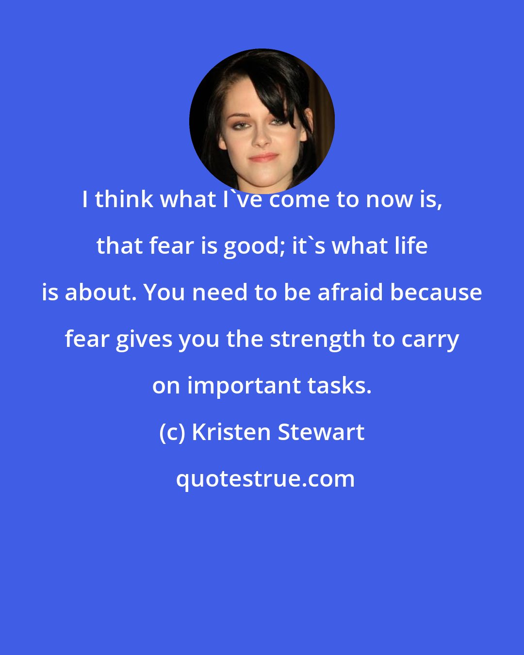 Kristen Stewart: I think what I've come to now is, that fear is good; it's what life is about. You need to be afraid because fear gives you the strength to carry on important tasks.