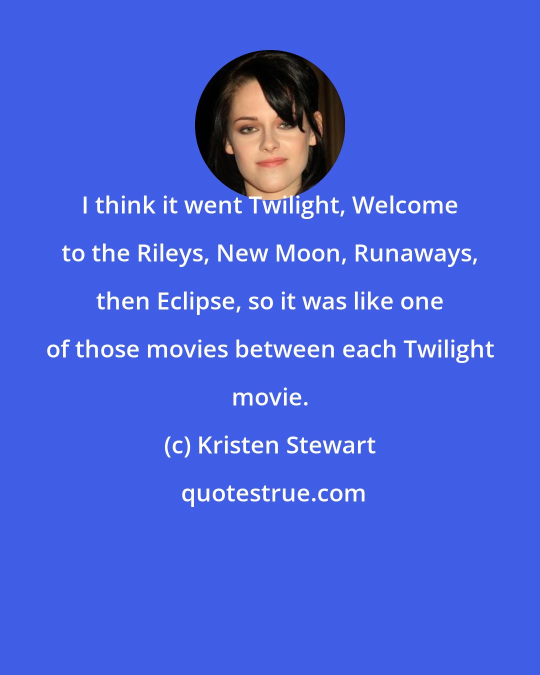 Kristen Stewart: I think it went Twilight, Welcome to the Rileys, New Moon, Runaways, then Eclipse, so it was like one of those movies between each Twilight movie.