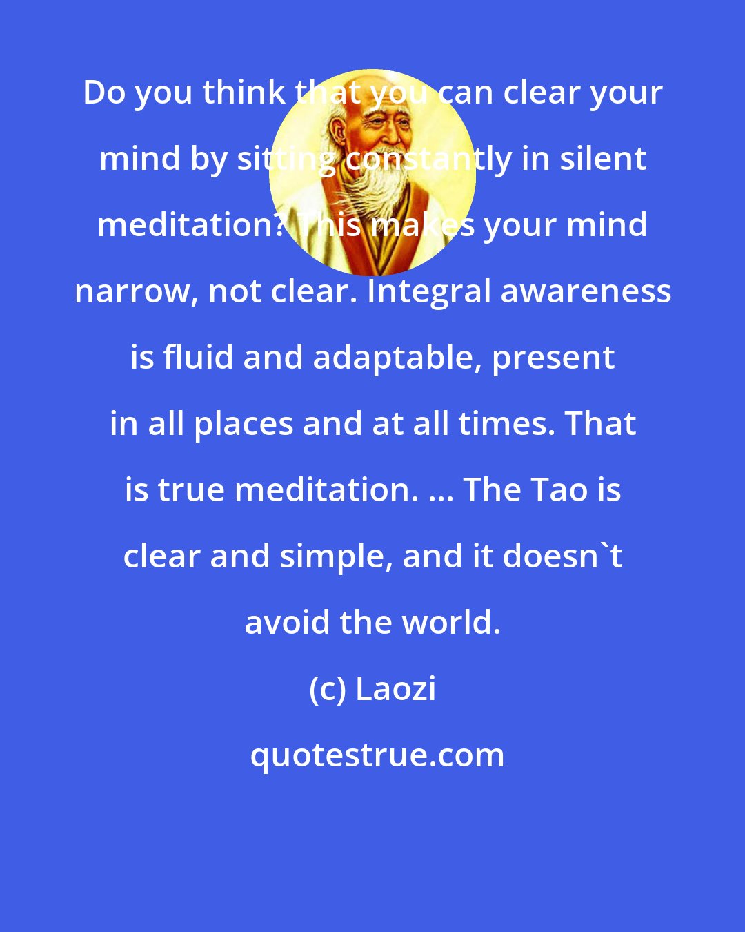 Laozi: Do you think that you can clear your mind by sitting constantly in silent meditation? This makes your mind narrow, not clear. Integral awareness is fluid and adaptable, present in all places and at all times. That is true meditation. ... The Tao is clear and simple, and it doesn't avoid the world.