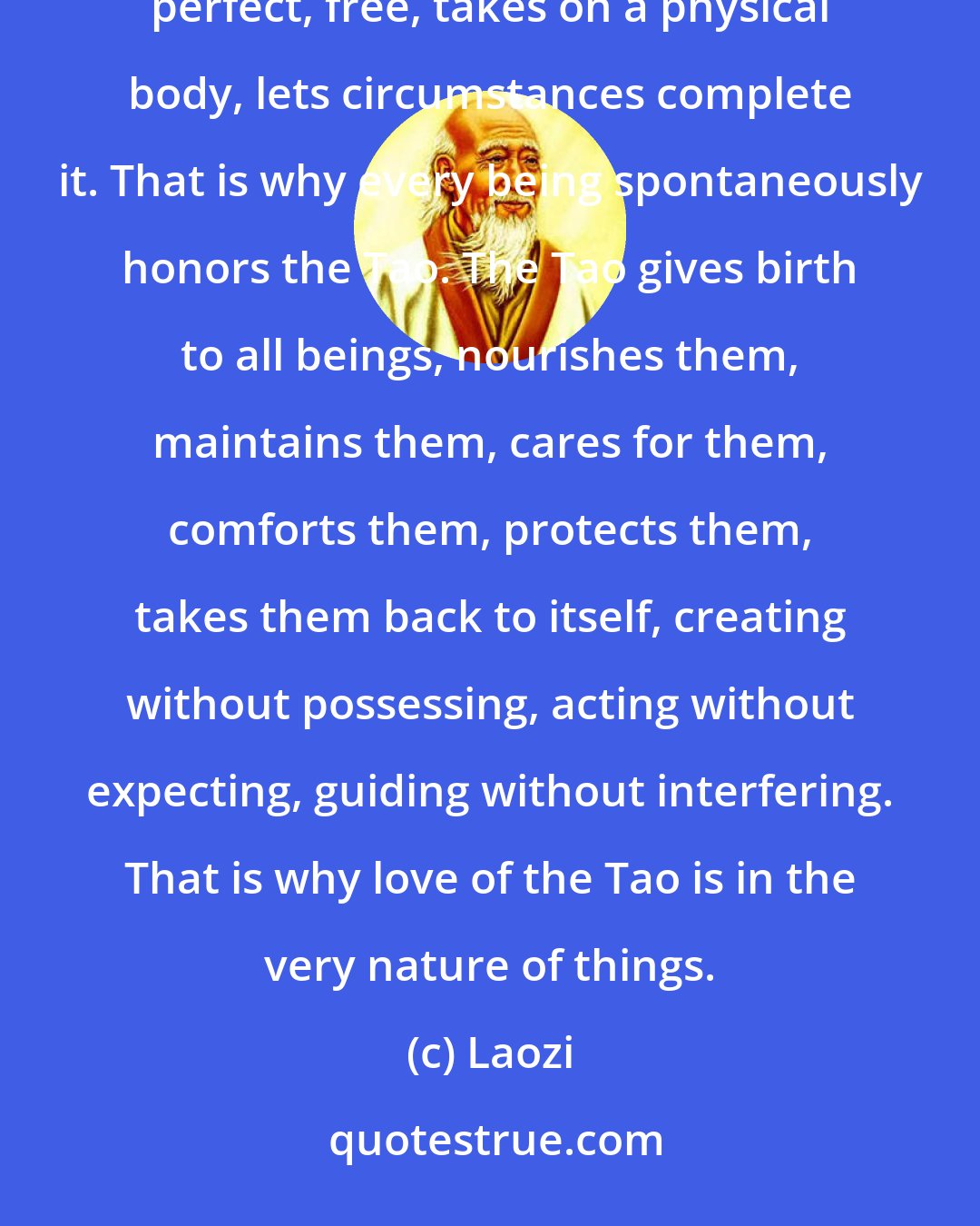 Laozi: Every being in the universe is an expression of the Tao. It springs into existence, unconscious, perfect, free, takes on a physical body, lets circumstances complete it. That is why every being spontaneously honors the Tao. The Tao gives birth to all beings, nourishes them, maintains them, cares for them, comforts them, protects them, takes them back to itself, creating without possessing, acting without expecting, guiding without interfering. That is why love of the Tao is in the very nature of things.