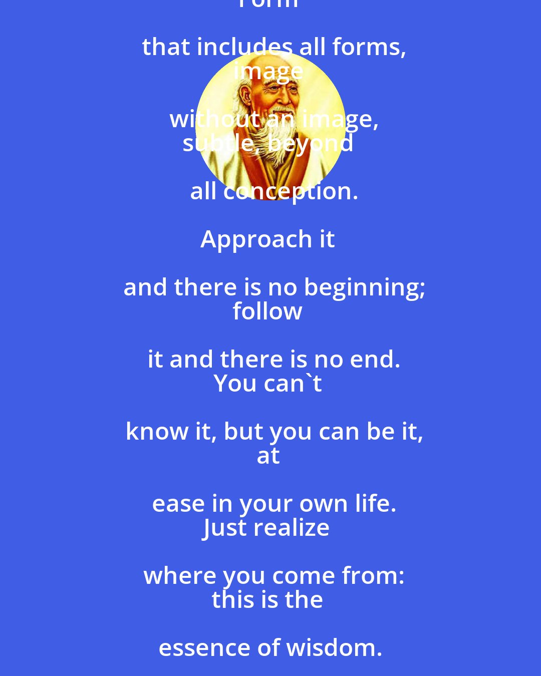 Laozi: Look, and it can't be seen.
Listen, and it can't be heard.
Reach, and it can't be grasped.

Above, it isn't bright.
Below, it isn't dark.
Seamless, unnamable,
it returns to the realm of nothing.
Form that includes all forms,
image without an image,
subtle, beyond all conception.

Approach it and there is no beginning;
follow it and there is no end.
You can't know it, but you can be it,
at ease in your own life.
Just realize where you come from:
this is the essence of wisdom.