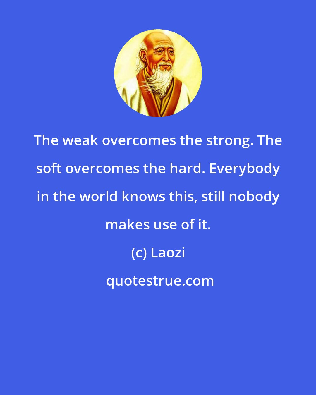 Laozi: The weak overcomes the strong. The soft overcomes the hard. Everybody in the world knows this, still nobody makes use of it.