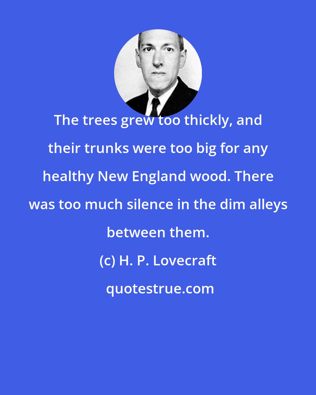 H. P. Lovecraft: The trees grew too thickly, and their trunks were too big for any healthy New England wood. There was too much silence in the dim alleys between them.