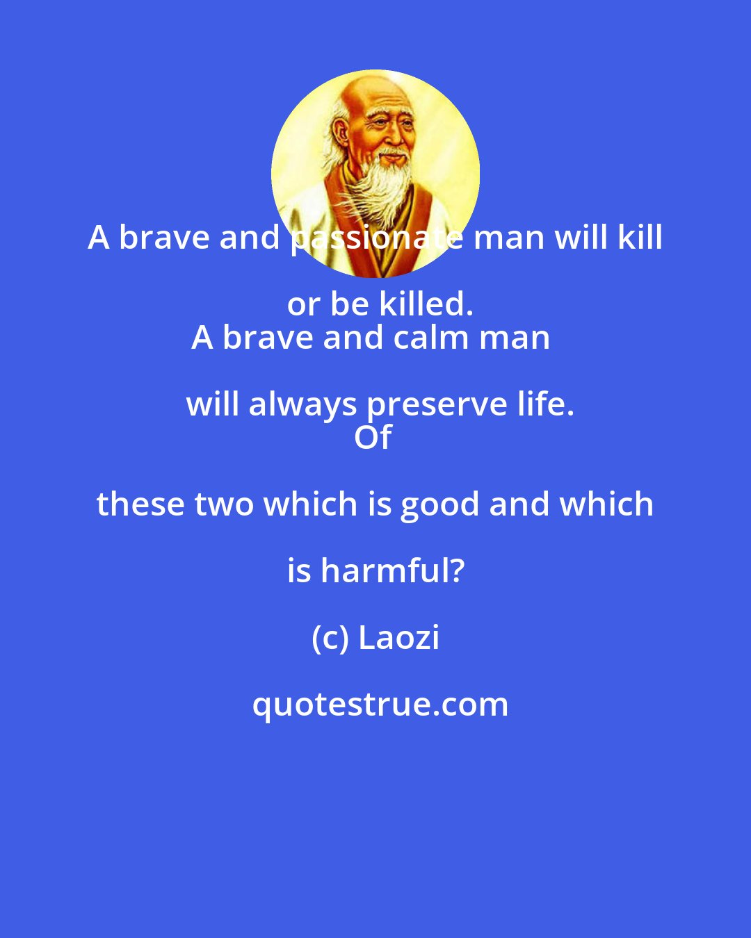 Laozi: A brave and passionate man will kill or be killed.
A brave and calm man will always preserve life.
Of these two which is good and which is harmful?