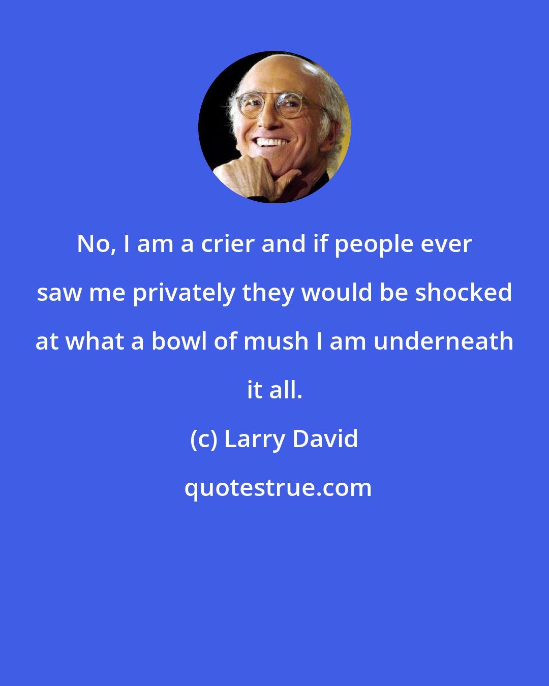 Larry David: No, I am a crier and if people ever saw me privately they would be shocked at what a bowl of mush I am underneath it all.