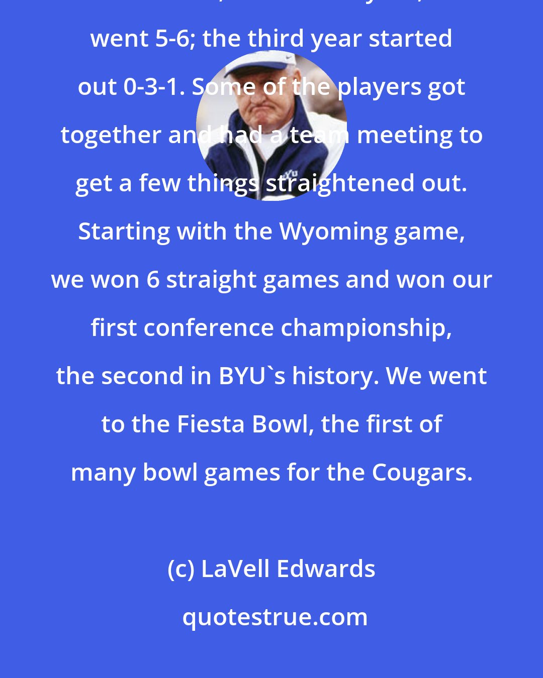 LaVell Edwards: The Wyoming game in 1974, my third year as head coach. My first year, we were 7-4; the second year, we went 5-6; the third year started out 0-3-1. Some of the players got together and had a team meeting to get a few things straightened out. Starting with the Wyoming game, we won 6 straight games and won our first conference championship, the second in BYU's history. We went to the Fiesta Bowl, the first of many bowl games for the Cougars.