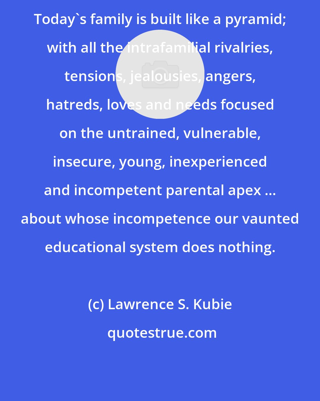 Lawrence S. Kubie: Today's family is built like a pyramid; with all the intrafamilial rivalries, tensions, jealousies, angers, hatreds, loves and needs focused on the untrained, vulnerable, insecure, young, inexperienced and incompetent parental apex ... about whose incompetence our vaunted educational system does nothing.