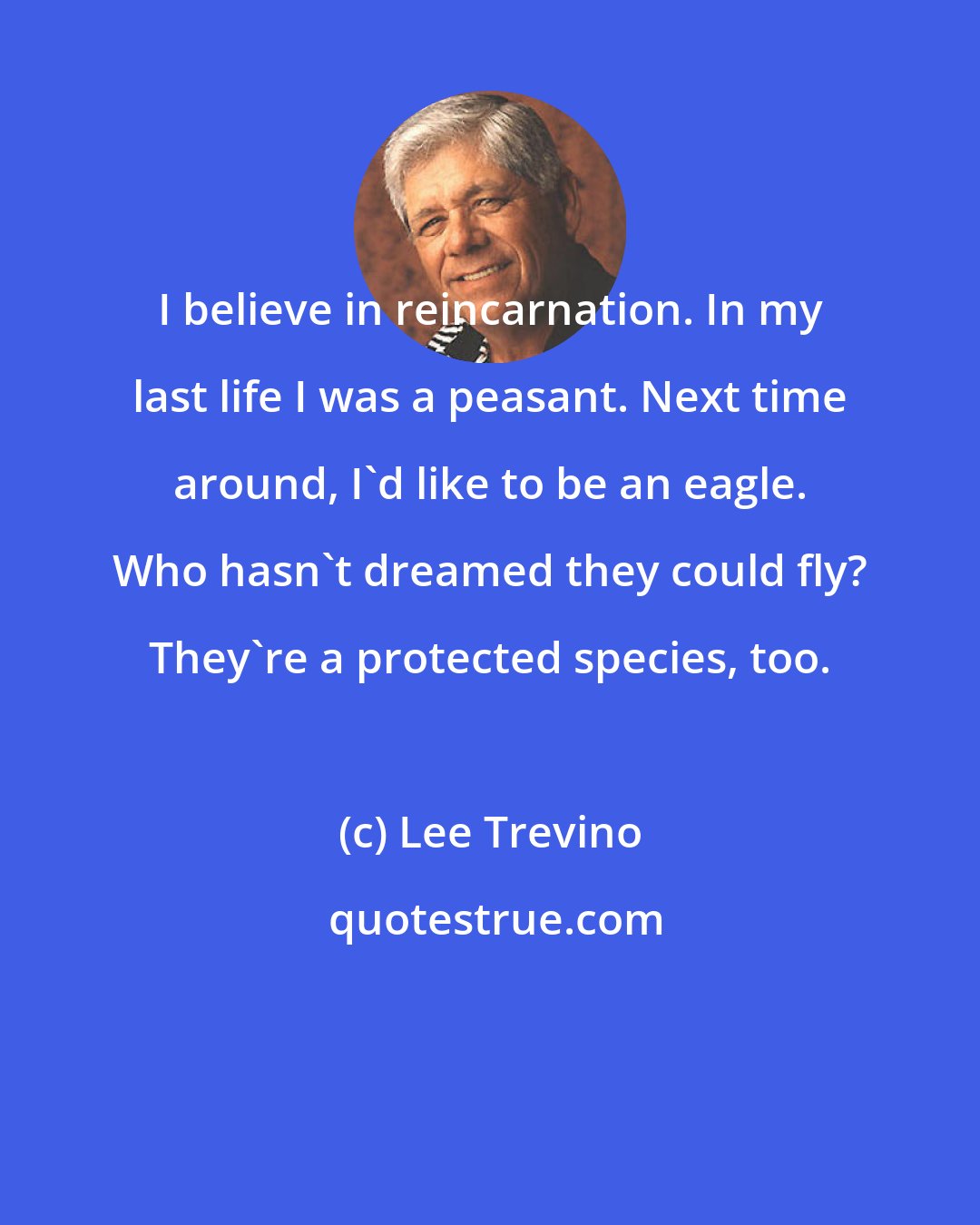 Lee Trevino: I believe in reincarnation. In my last life I was a peasant. Next time around, I'd like to be an eagle. Who hasn't dreamed they could fly? They're a protected species, too.