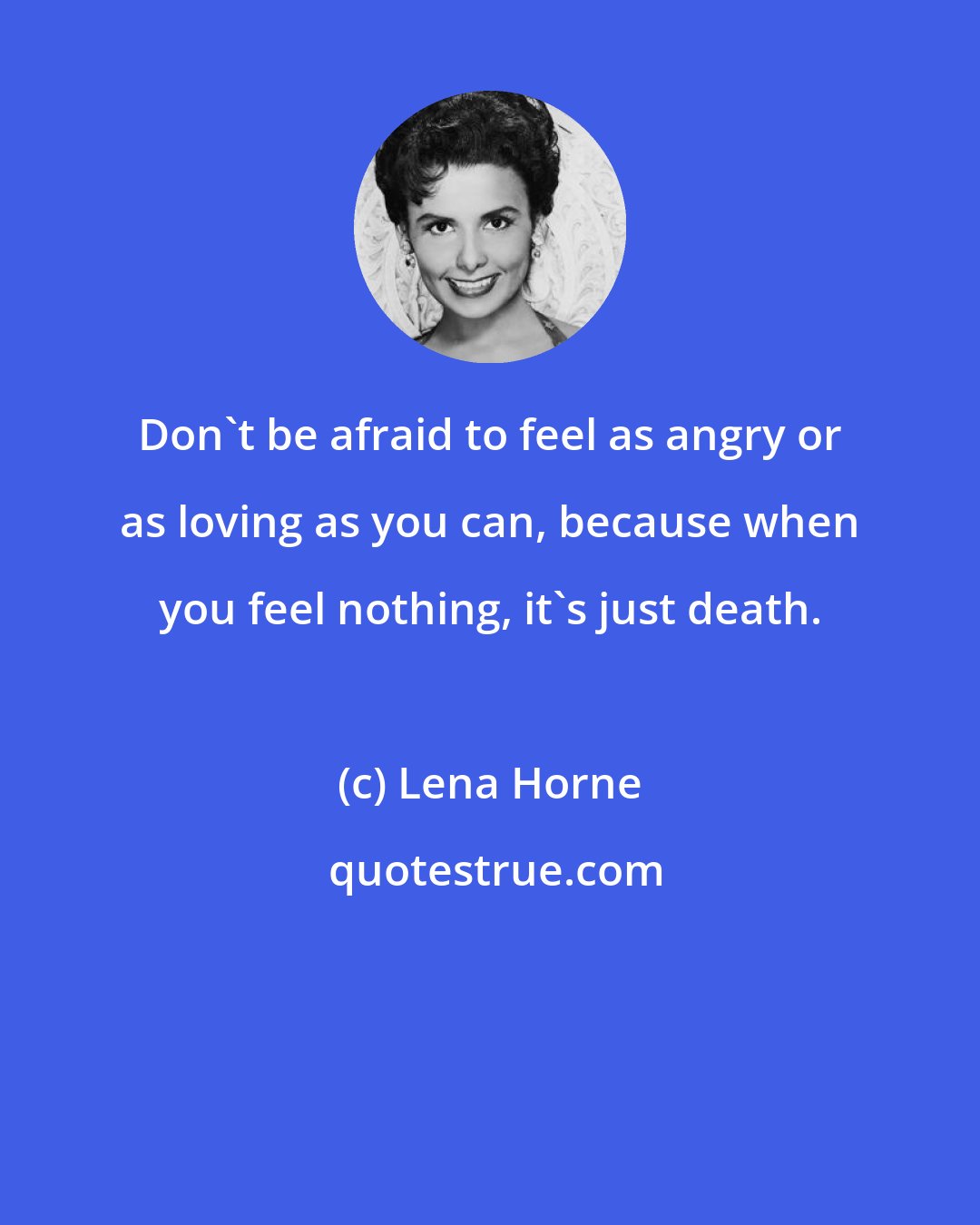 Lena Horne: Don't be afraid to feel as angry or as loving as you can, because when you feel nothing, it's just death.