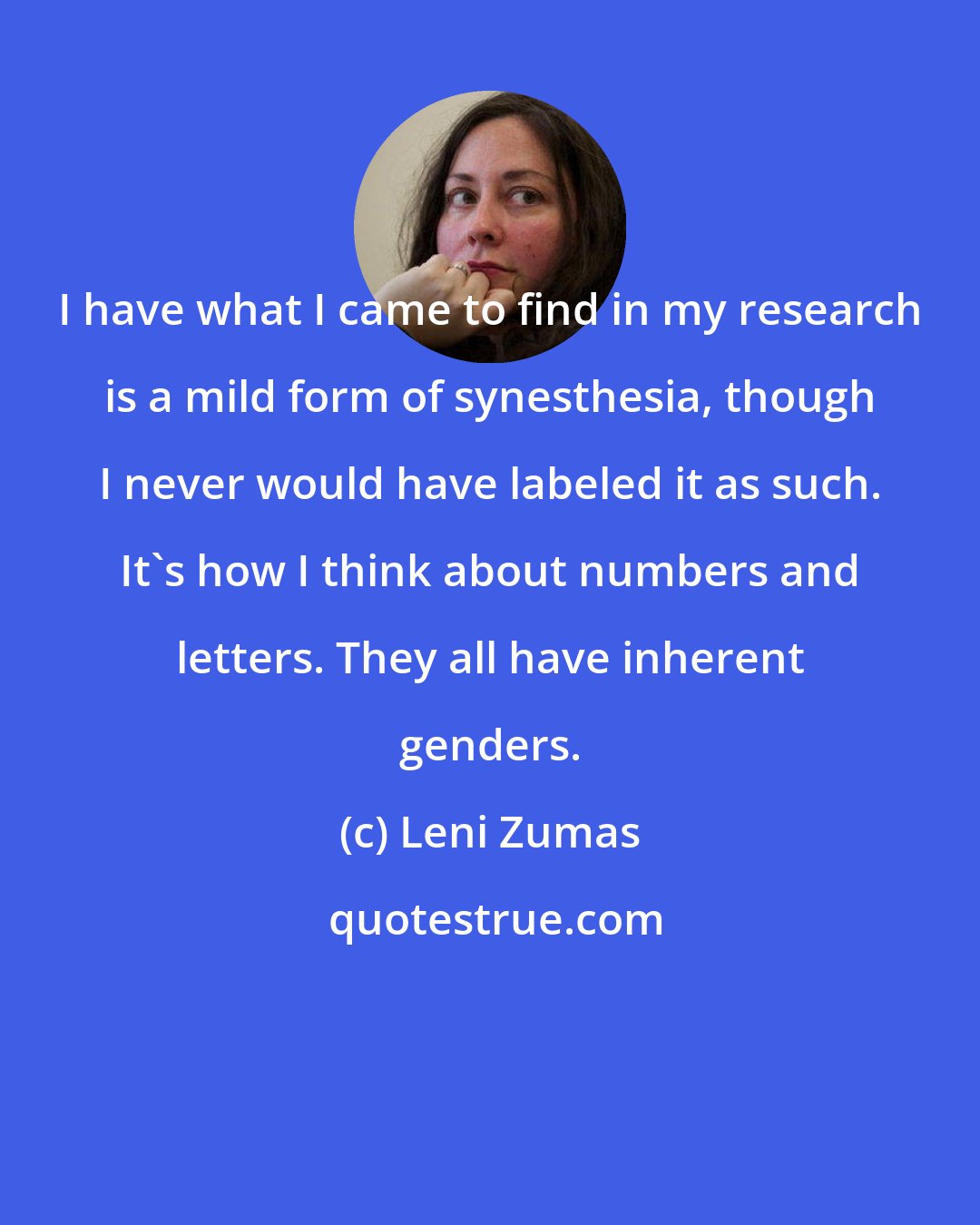 Leni Zumas: I have what I came to find in my research is a mild form of synesthesia, though I never would have labeled it as such. It's how I think about numbers and letters. They all have inherent genders.