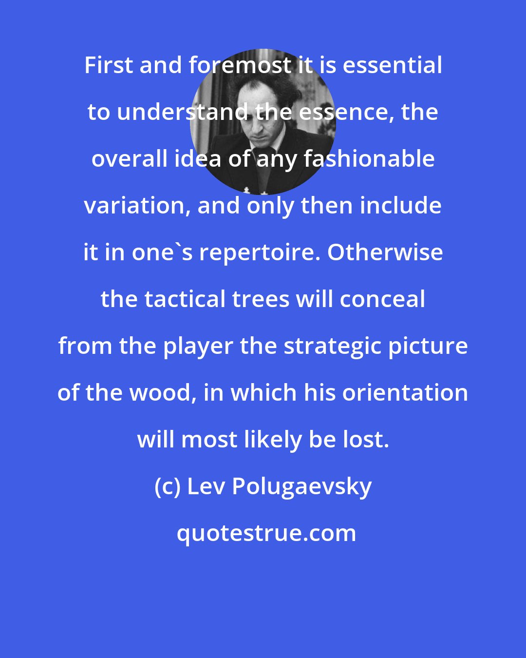 Lev Polugaevsky: First and foremost it is essential to understand the essence, the overall idea of any fashionable variation, and only then include it in one's repertoire. Otherwise the tactical trees will conceal from the player the strategic picture of the wood, in which his orientation will most likely be lost.