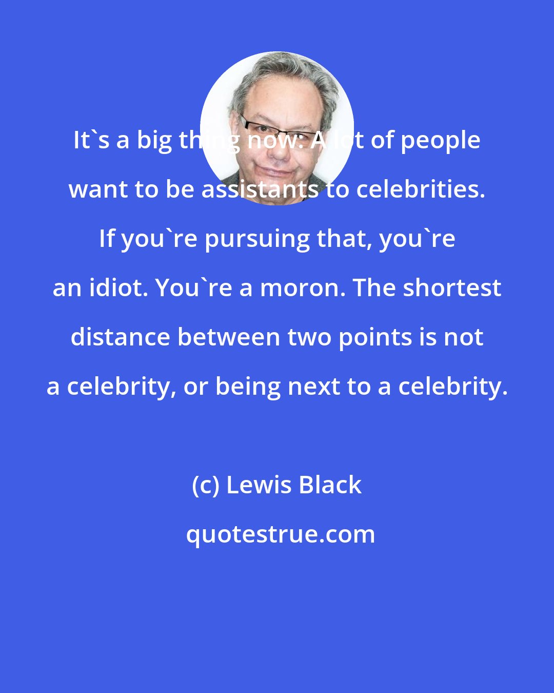 Lewis Black: It's a big thing now: A lot of people want to be assistants to celebrities. If you're pursuing that, you're an idiot. You're a moron. The shortest distance between two points is not a celebrity, or being next to a celebrity.